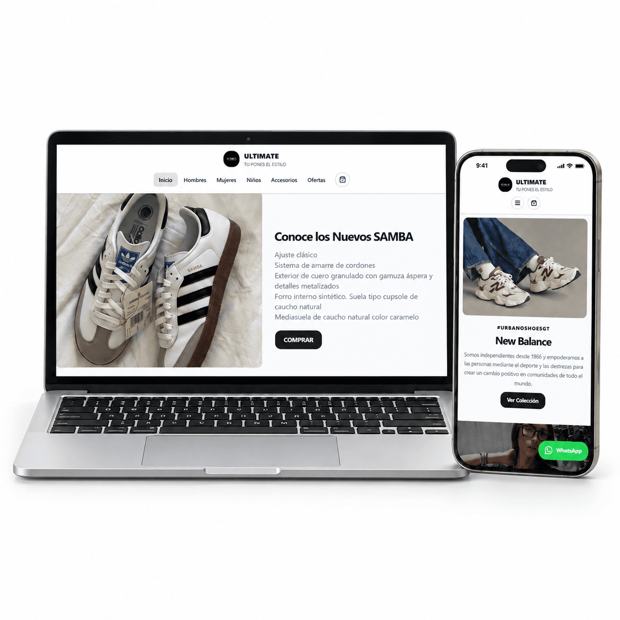 Tienda online ULTIMATE presentada en computadora y celular, vista del comprador